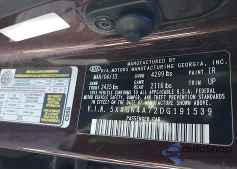 2013 Kia Optima Ex z USA, uszkodzony, nr VIN 5XXGN4A72DG191539